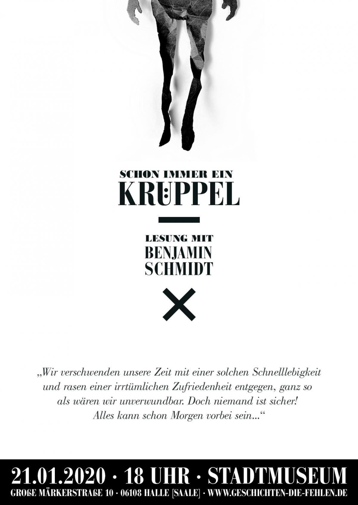 Schon immer ein Krüppel Webflyer mit Veranstaltungshinweis, gestaltet unter Verwendung des Buchtitels.